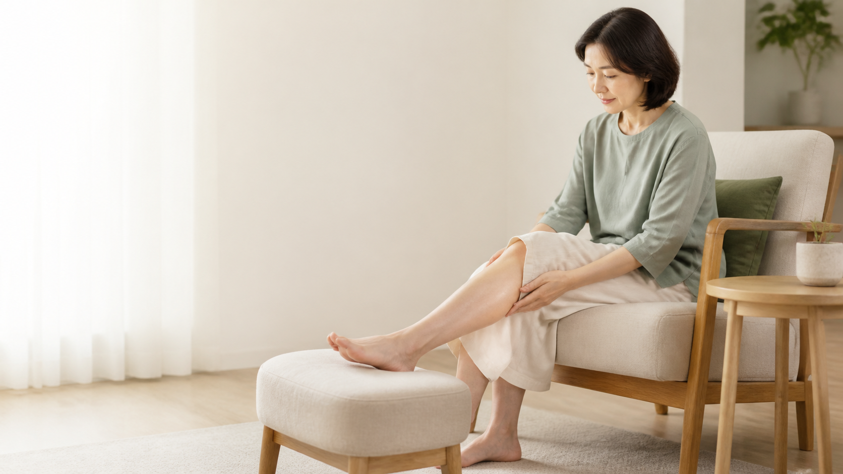 한쪽 다리를 편안히 올려 종아리 감각을 살피는 모습